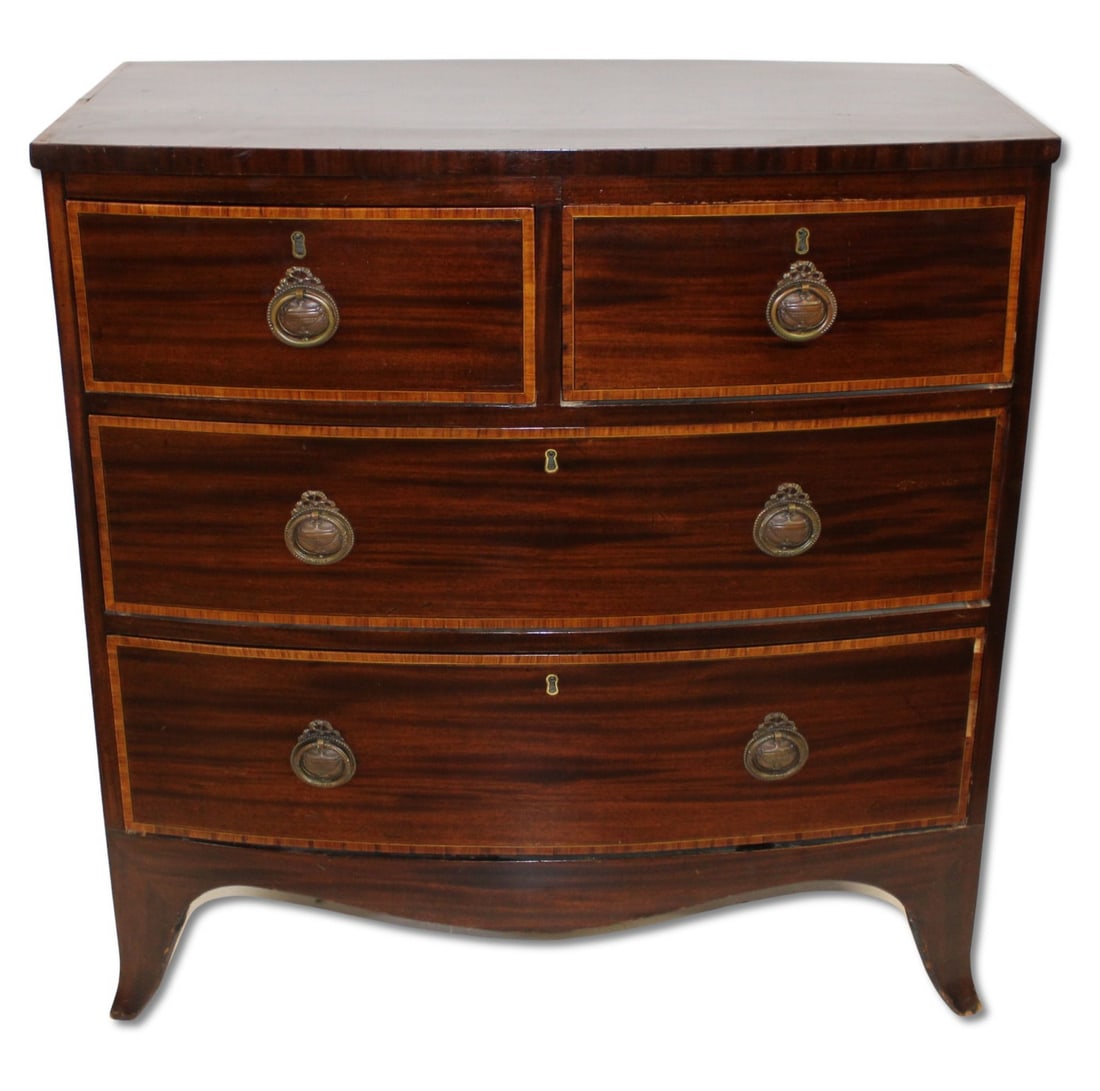 19th Century Mahogany Banded Bow Front Chest.: Nice size, shape and patina. From a Westchester, NY estate. - Dimensions: 38"h x 20"d x 35.5"w