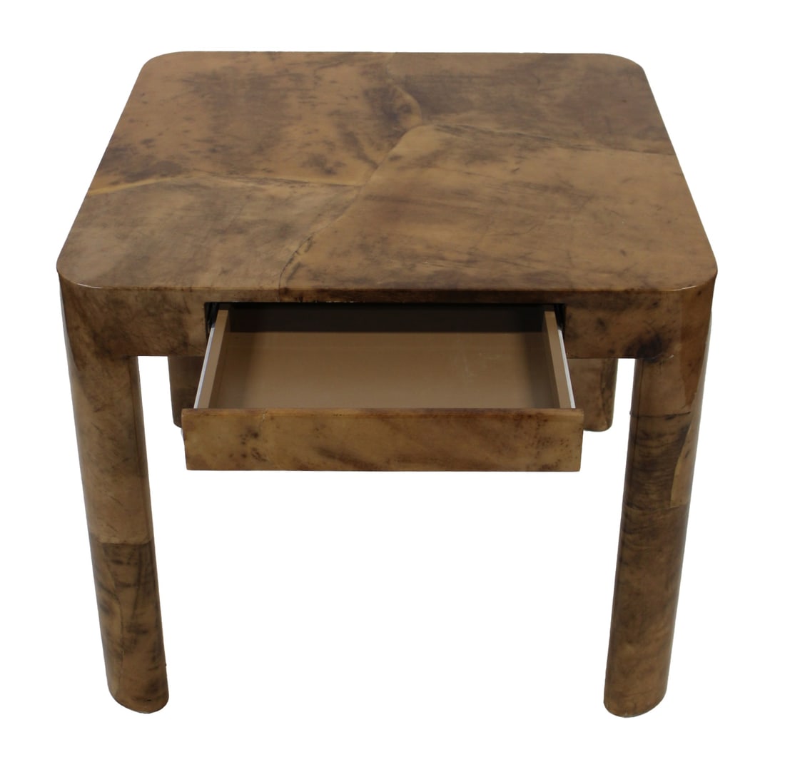 Midcentury Karl Springer Parchment Card Table.: Nice original table with 1 drawer and nice coloring. From a Greenwich, CT estate. - Dimensions: 29" h x 34" w x 34" d.