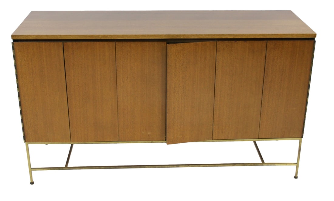 Paul McCobb Calvin The Irwin Collection Sideboard: Nice original cabinet with brass trim and accordion doors. From a Great Neck, Long Island, NY estate. - Dimensions: 34.5" h x 60.25" w x 19.25" d