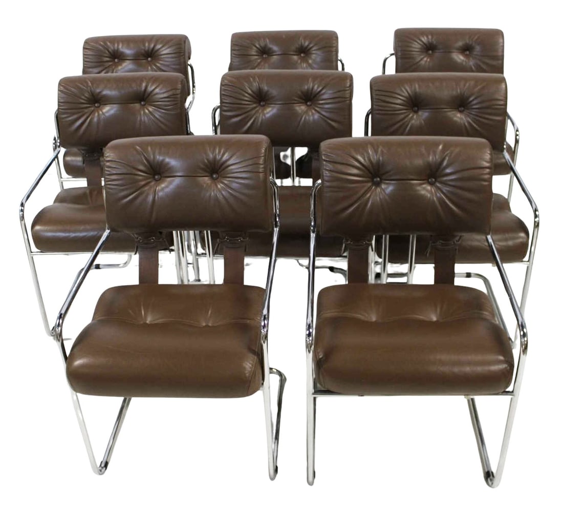 (8) Guido Faleschini, 'Tucroma' Dining Chairs.: GUIDO FALESCHINI Set of 8 'Tucroma' dining chairs, circa 1970s. Chrome-plated tubular steel, brown leather, Manufactured by i4 Mariani, Italy for Pace Co. From a Rye, NY estate. - Dimensions: 32" h x 