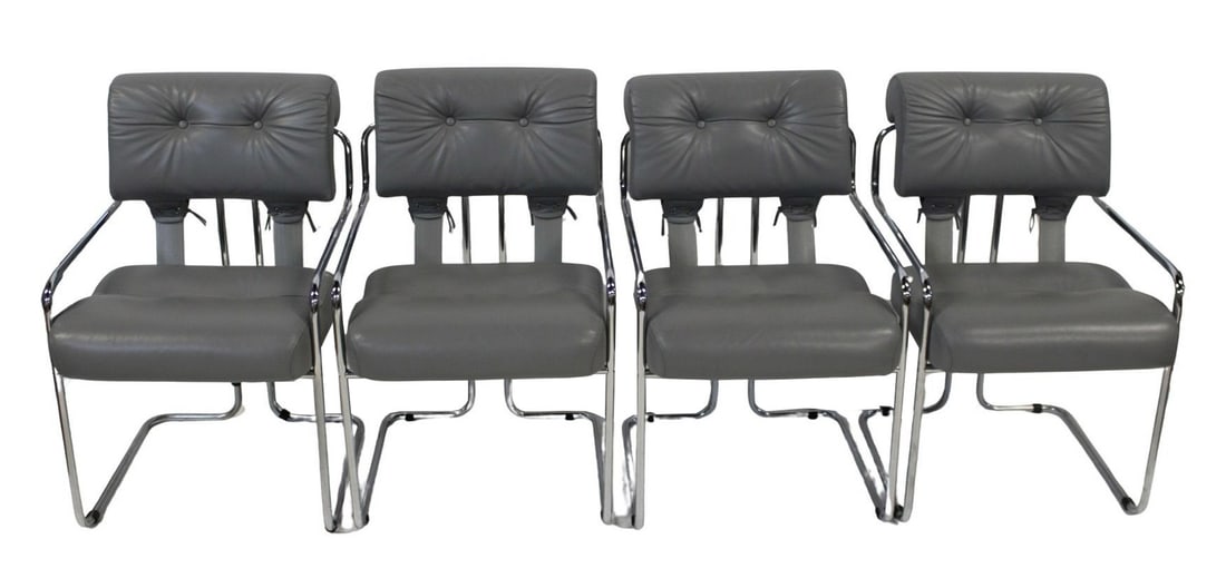 (4) Guido Faleschini 'Tucroma' Dining Chairs.: GUIDO FALESCHINI Set of 4 'Tucroma' dining chairs, circa 1970s. Chrome-plated tubular steel, grey leather. From a Rye, NY estate. - Dimensions: 32" h x 20.5" w x 24" d
