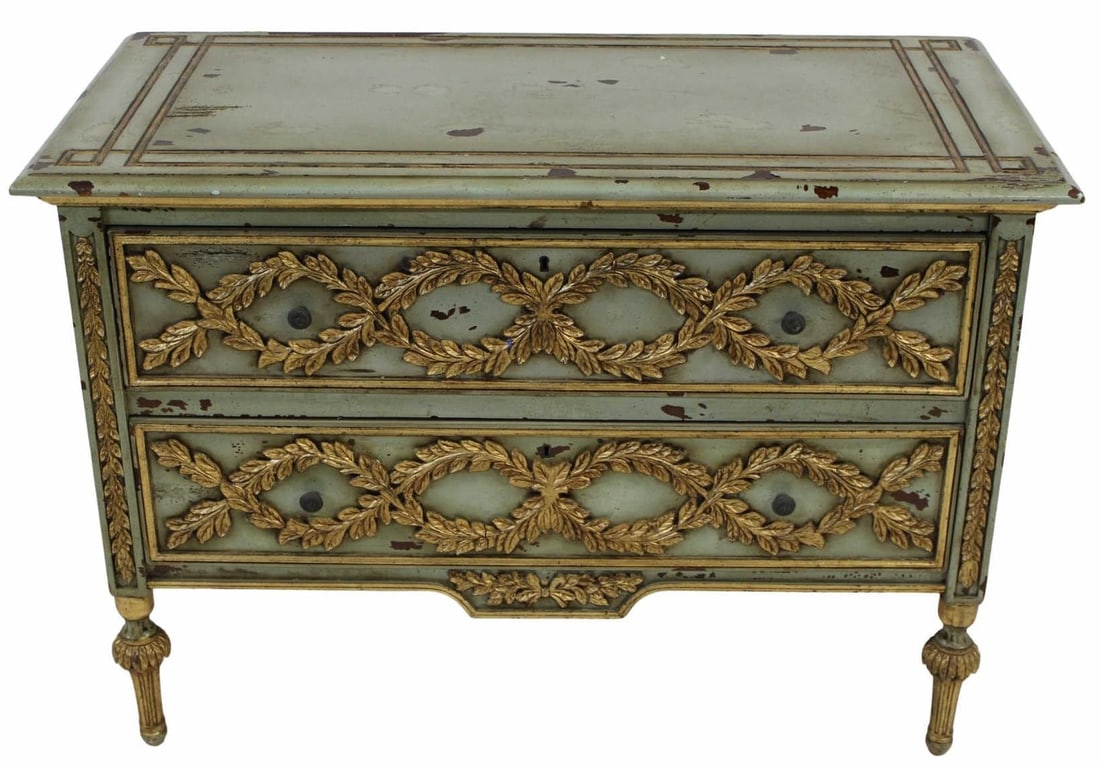 Vintage Finely Carved, Gilt & Paint Decorated: Commode. Very nice quality, green & gilt painted commode with finely carved leaves & trim. From a Park Ave NYC estate. - Dimensions: 33" h x 48"w x 23" d.