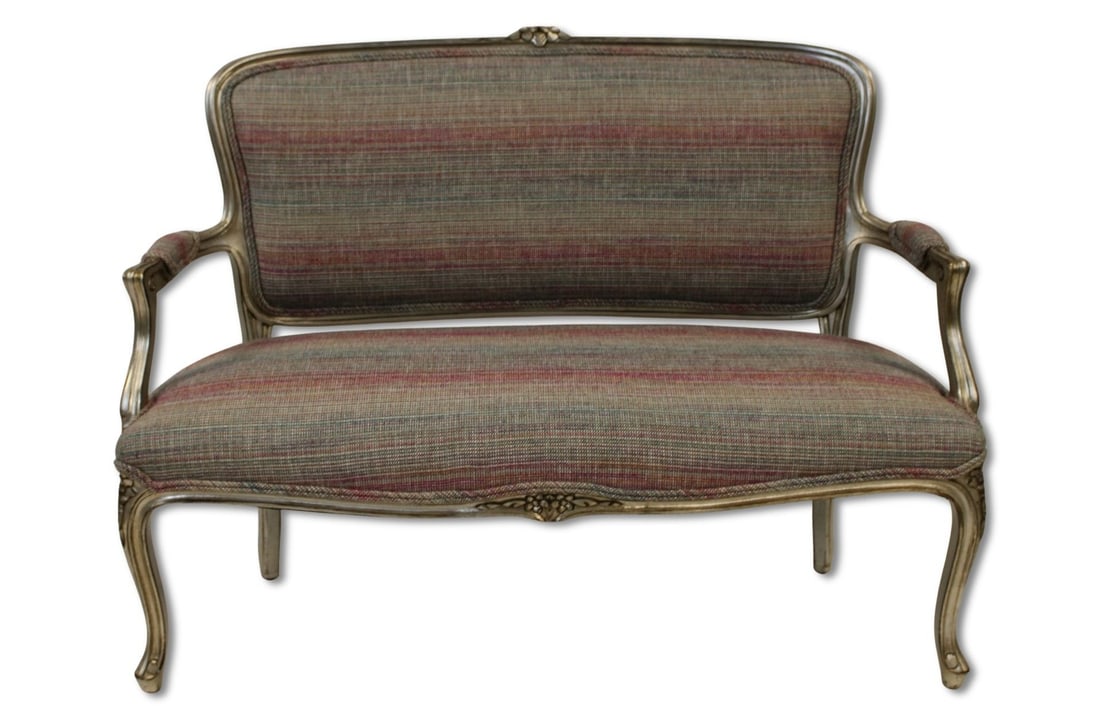 Vintage Carved, Gilt & Finely Upholstered Louis XV: Style Settee. From a Scarsdale, NY estate. - Dimensions: 37.50"h x 51"w x 22"d