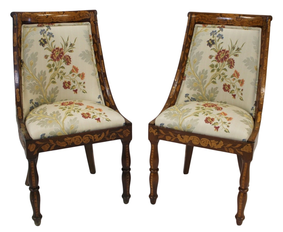 Pair of Antique Marquetry Inlaid Dutch Chairs.: Nicely upholstered and inlaid all over. From an Ossining, NY estate. - Dimensions: 34" x 19" x 17"