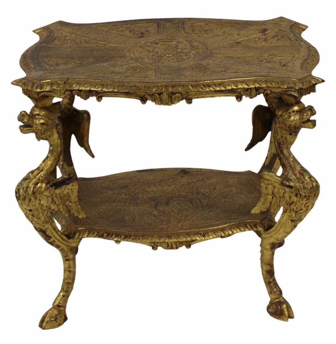 Vintage Highly & Finely Carved Giltwood Griffin: Table. Great quality and finely carved all over and raised on Griffin form legs. From a Stamford, CT estate. - Dimensions: 27" h x 19.50" d x 29.50" w