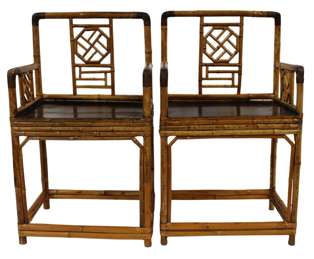 Pair of Vintage Bamboo Armchairs.: With open geometric fretwork backrest. From a Westchester County, NY estate. - Dimensions: 37" h x 21.5" w x 16.50" d.
