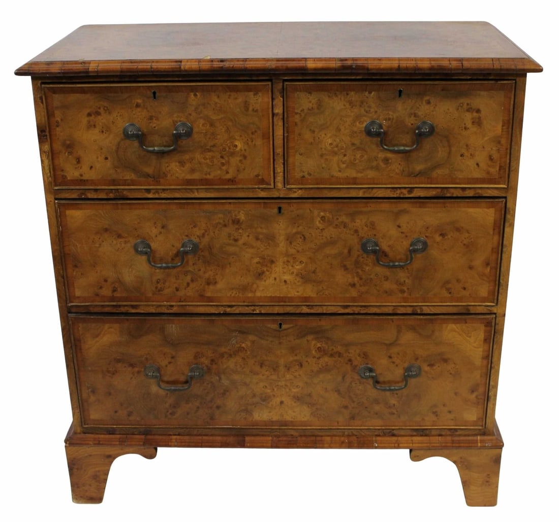 19th Century Burlwood Chest.: Nice size, 2 over 2 drawer with great grain and patina and raised on bracket feet. From a Riverdale, NY estate. - Dimensions: 37" h x 17.50" d x 36" w.
