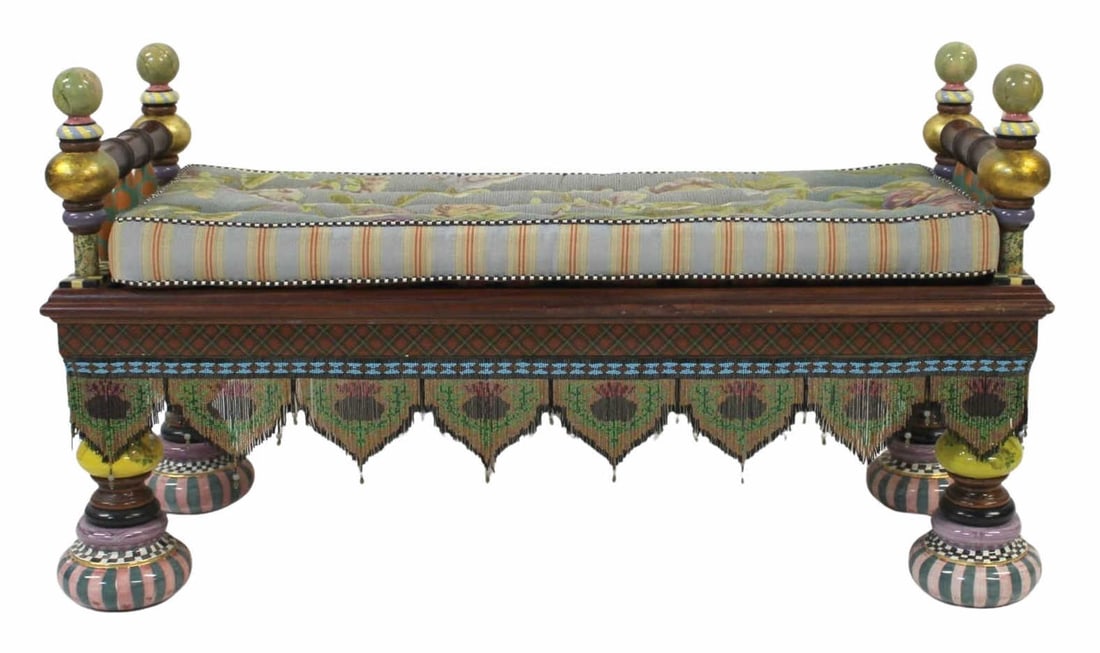 MacKenzie-Childs "Ridiculous" Bench.: Hand painted with fringe and ceramic feet. From a Scarsdale, NY estate. - Dimensions: 28.5" h x 20.25" d x 51" w.
