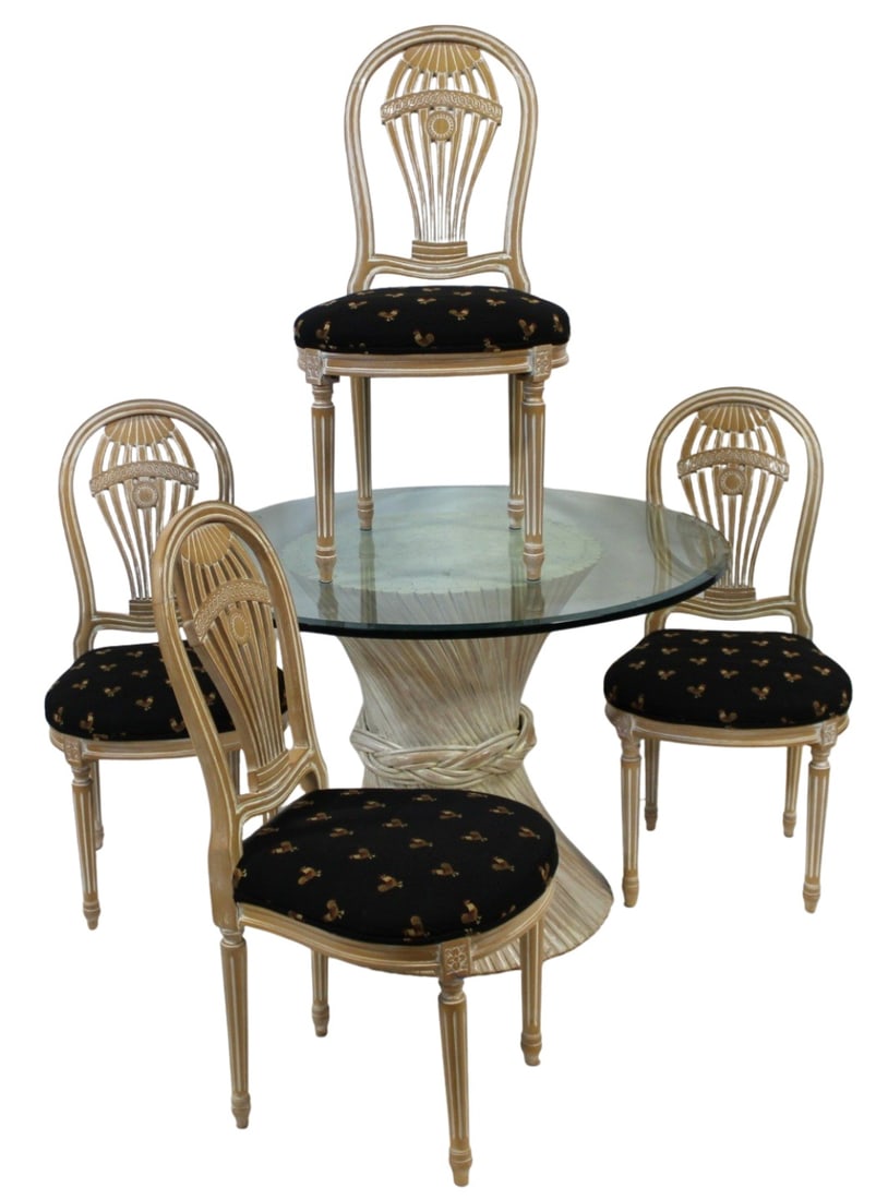 Midcentury Cerused Bamboo Table & 4 Balloon Back: Chairs. A fabulous set with nice thick glass top. From an Ossining, NY estate. Dimensions: Table 29" x 42" d; Chairs 38" x 15" x 18".