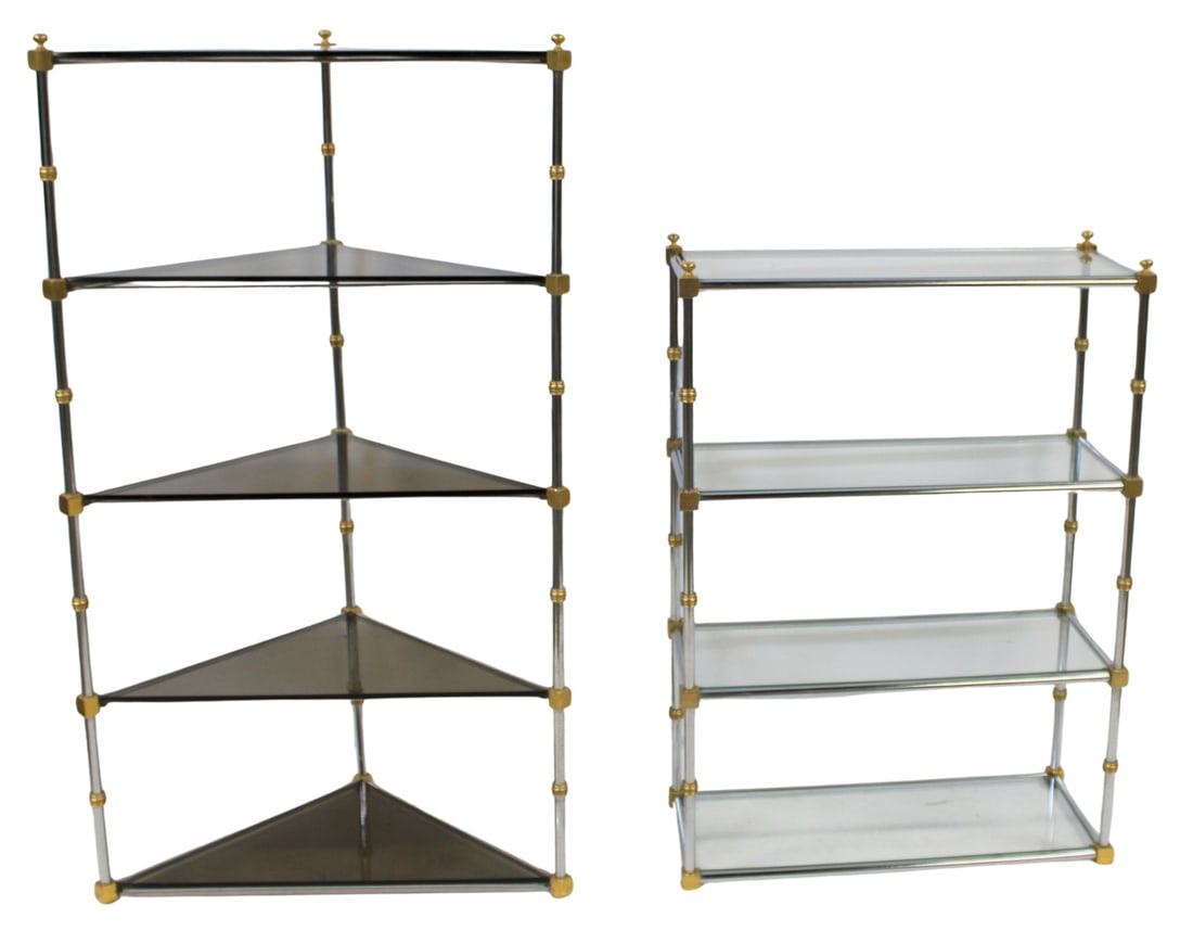 (2) After Maison Jansen Steel & Gilt Etageres.: To include a corner and a flat. From an Ossining, NY estate. - Dimensions: 57" x 33" x 17" & 43.5" x 31" x 13"