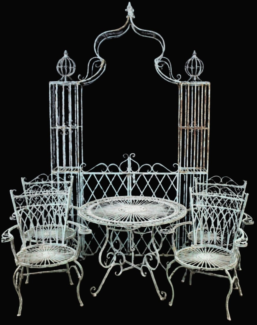 Midcentury Patinated Iron Table Chairs & Archway.: Includes a table, 4 chairs, and an archway with doors. From an Ossining NY estate. Dimensions: table measures approx. 29" h x 39.25" in diameter; chairs measure approx. 38" h x 29.25" w x 20.5" d.