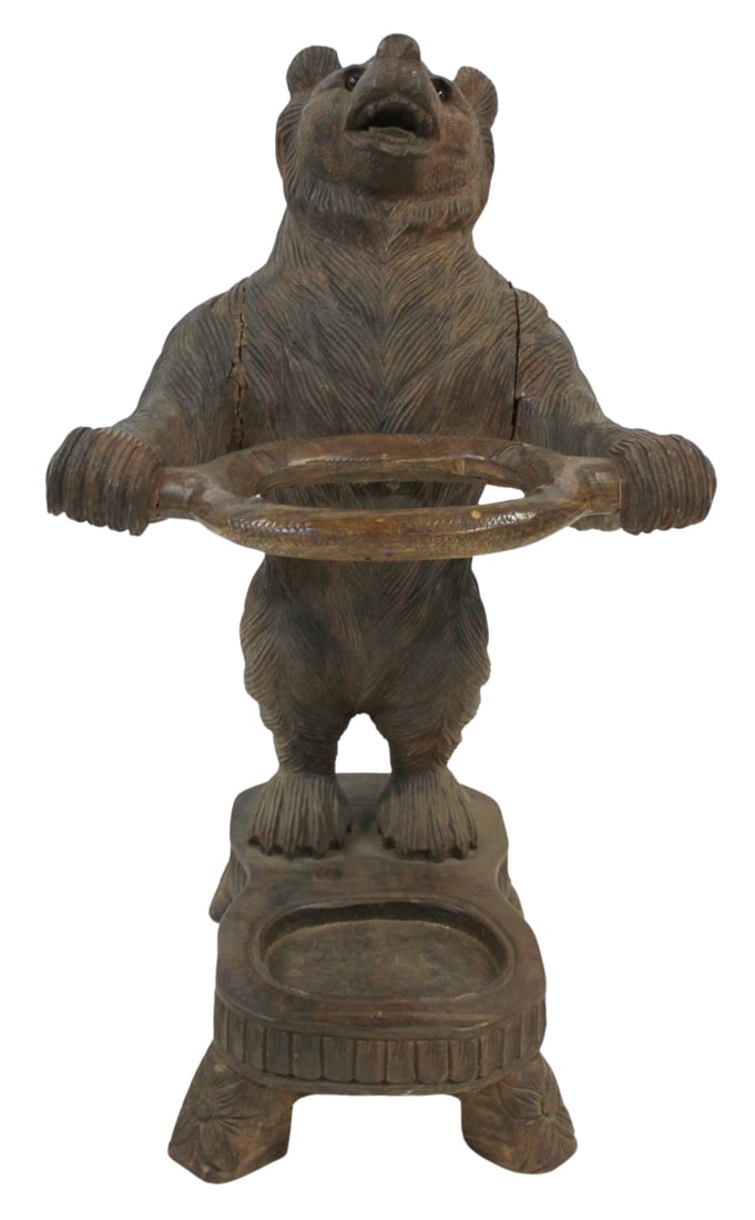 Vintage & Finely Carved Black Forest Style Bear: Umbrella Stand. Good large size and nicely carved and with glass eyes. From a Mt Kisco, NY estate. - Dimensions: 40" h x 24" w 23" d