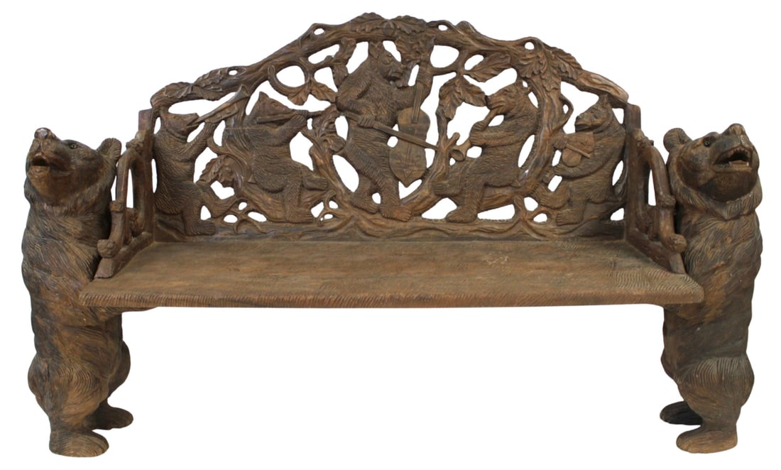 Vintage & Finely Carved Black Forest Style Bench.: Good size and finely carved with Bear supports and back. From a Mt Kisco, NY estate. - Dimensions: 41.75" h x 69" w x 19" d
