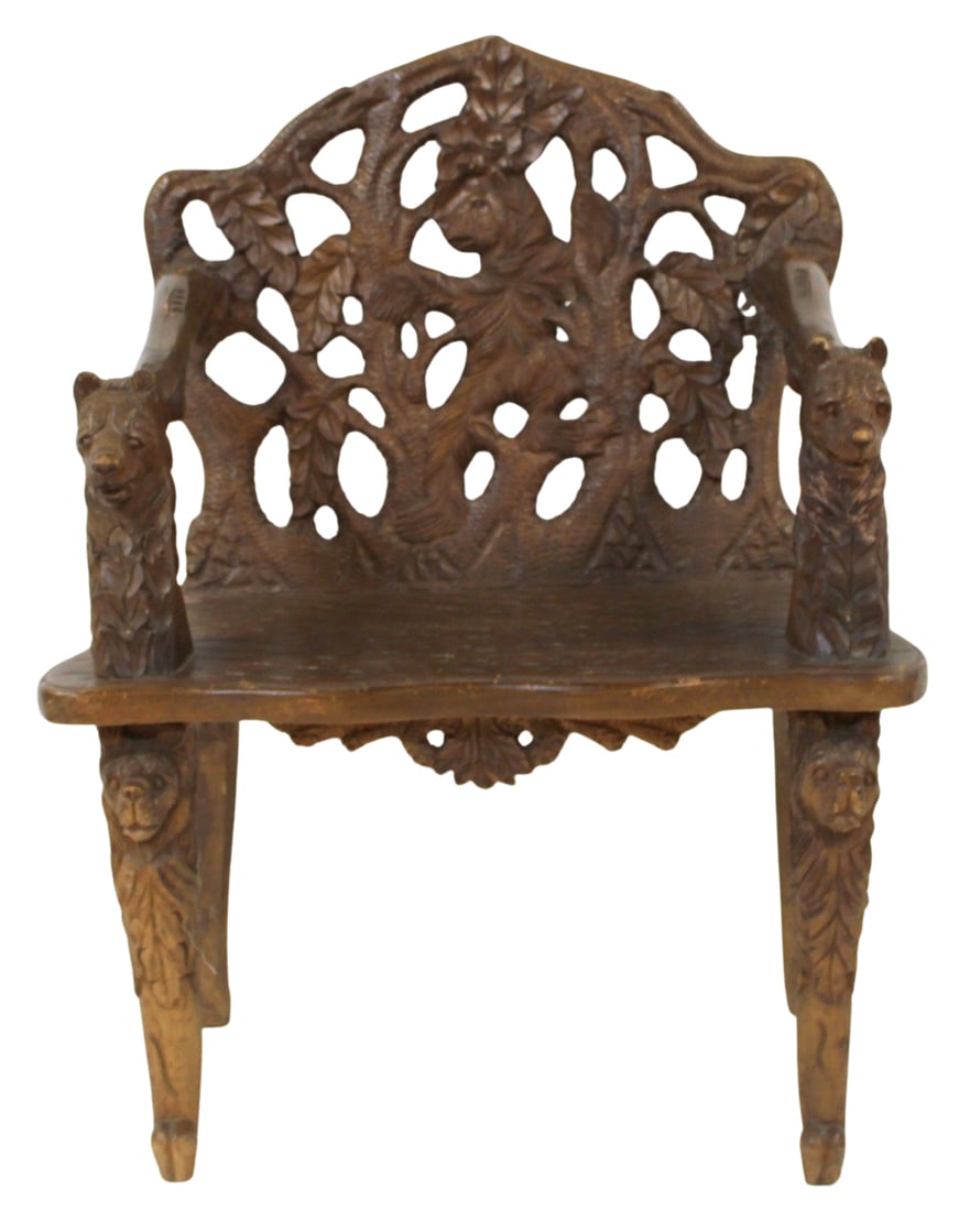 Vintage & Finely Carved Black Forest Style Bear: Chair. Finely carved all over, Bear arms and feet. From a Mt Kisco, NY estate. - Dimensions: 38.5" h x 29" w x 18.5" d