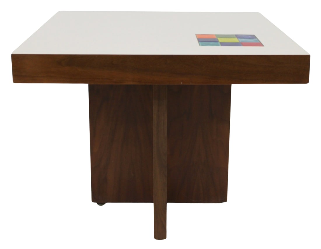 Midcentury Center Table with Multi-Color Panel.: From a White Plains, NY estate. - Dimensions: 23.5" h x 30" x 29.75"
