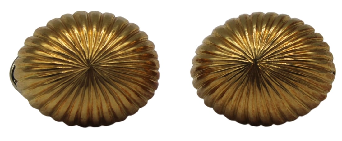 JEWELRY. Pair of 18kt Gold Ribbed Dome Earrings.: Pair of Italian 18kt yellow gold ribbed dome form earrings. Stamped verso, "750 Italy 18K". With a wire-loop paddle clip back. Total approx. weight of the earrings is 9.7 dwt. From a Fairfield, CT est