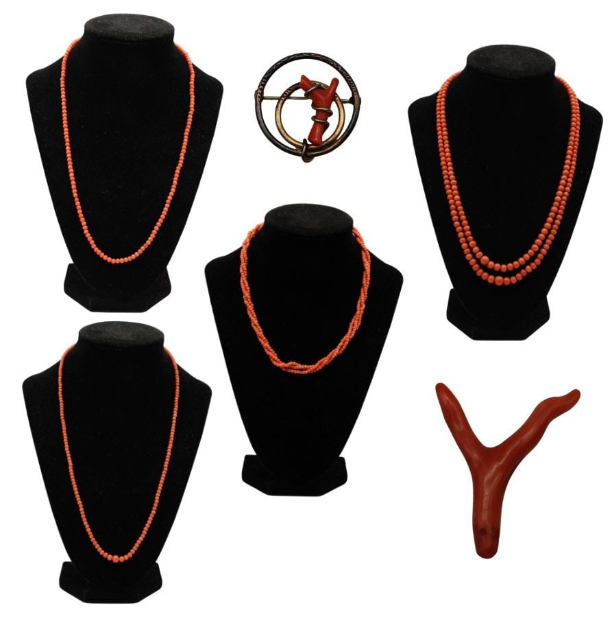 JEWELRY. Collection of Victorian Coral Jewelry.: Includes a Victorian coral necklace with graduated beads and a gold-tone bayonet style clasp; Victorian coral beaded necklace with a brass spring ring clasp; Victorian coral braided string necklace wi