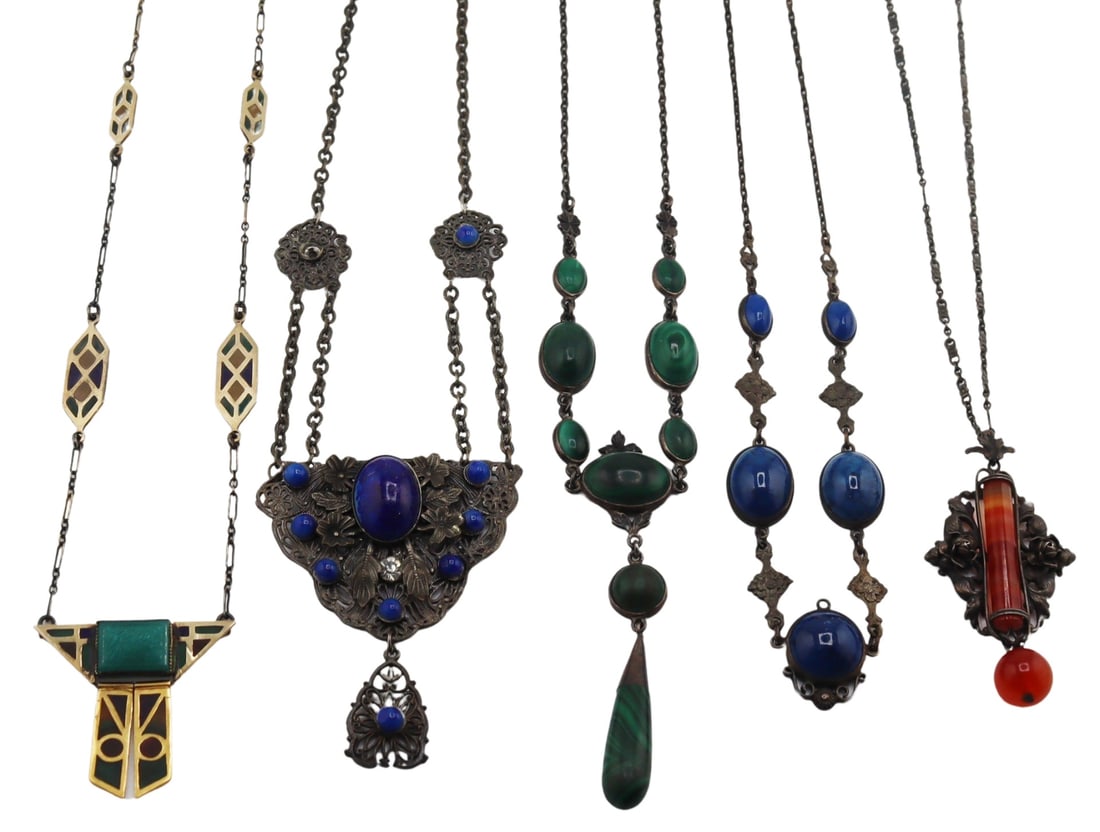 JEWELRY. Collection of (5) Statement Necklaces.: Includes an Egyptian Revival style sterling silver Plique-à-jour necklace with a faux-incised decorated chrysoprase style pendant with additional gemstones of various color - stamped, "Sterling