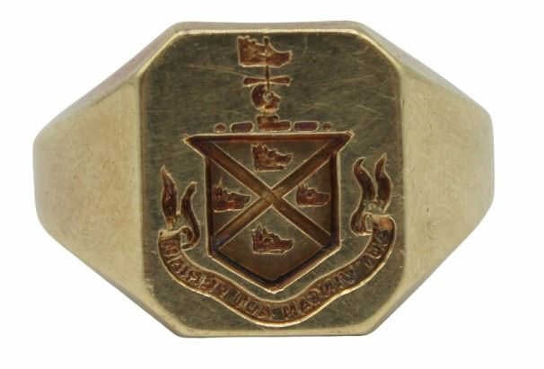 JEWELRY. 14kt Gold Armorial Signet Ring.: 14kt yellow gold armorial signet ring displaying the Purcell family crest. The Latin phrase translates to "Either Conquer or Perish". Stamped to the interior, "14" alongside the "Larter & Sons" maker'