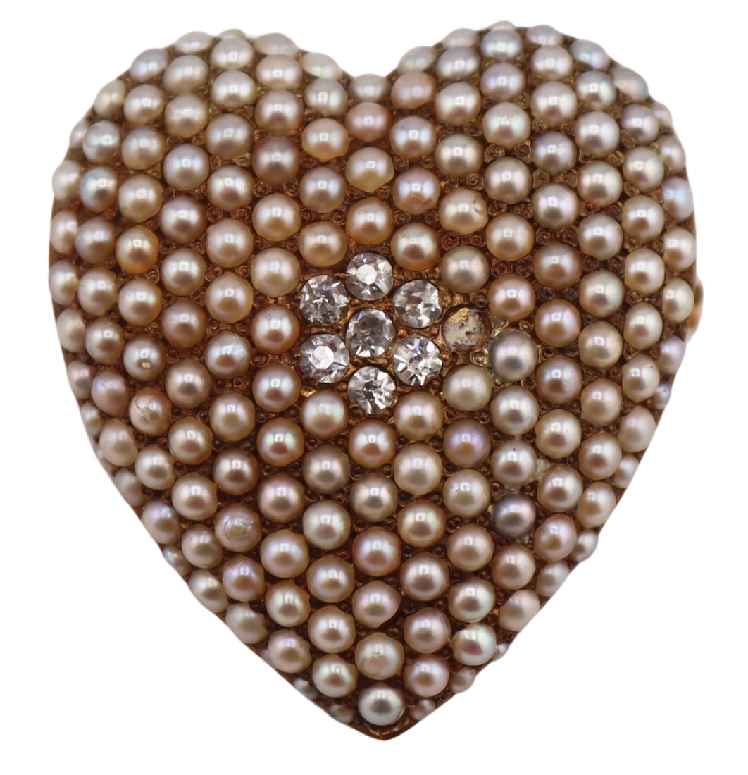 JEWELRY. Signed 14kt Gold Pearl and Diamond: Pendant or Brooch. Signed 14kt yellow gold heart form brooch or pendant inlaid throughout with seed pearls and further accented by a central cluster of (7) round faceted diamonds in the form of floret