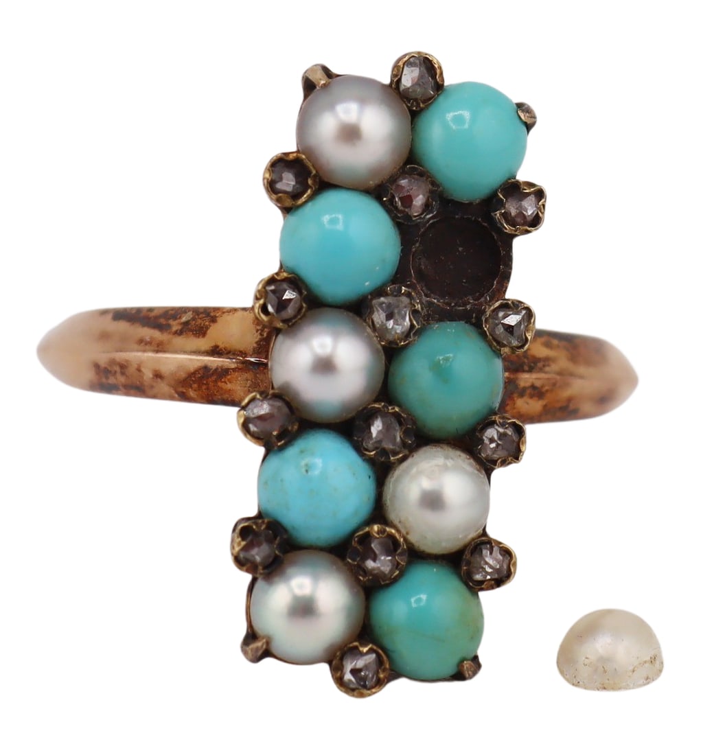 JEWELRY. Antique Gold Pearl Turquoise and Diamond: Ring. Antique gold ring of an elongated rectangular ring face displaying alternating pearls and turquoise cabochons, and further accented by (14) rose cut diamonds. Apparently unmarked. Total approx. 