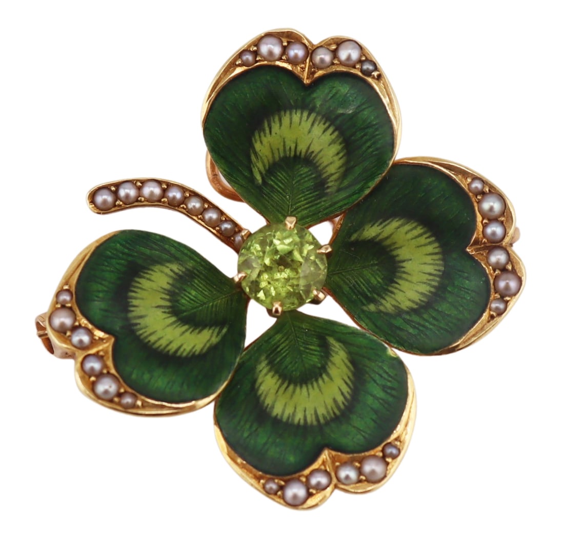 JEWELRY. Krementz 14kt Gold, Enamel, Gem and Pearl: Brooch. Signed Krementz 14kt yellow gold four leaf clover brooch or pendant displaying beautifully multi-tone green enamel work, borders and a stem accented by seed pearls, and a central prong-set rou