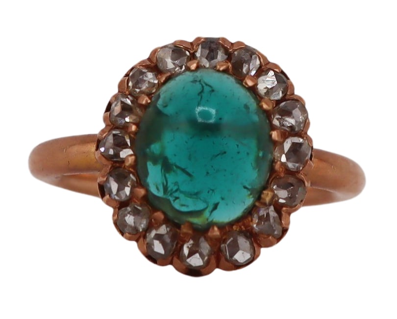 JEWELRY. Gem Cabochon, Diamond and Gold Ring.: Antique gold ring displaying a central oval green gem cabochon with surround of (16) rose cut diamonds. Gem cabochon measures approx. 7.5mm x 8.5mm. Total approx. weight of the ring is 4.0 dwt (gross)