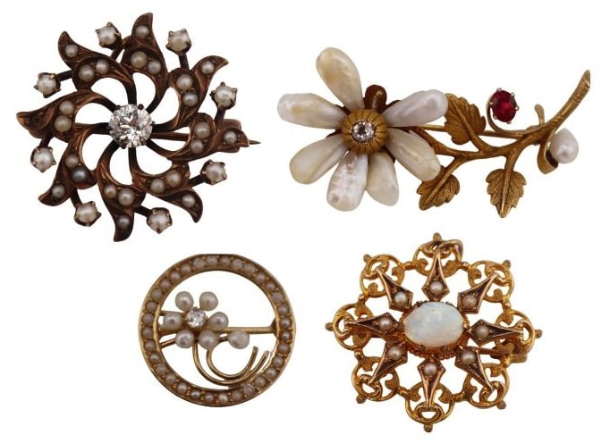 JEWELRY. (4) Antique Gold and Pearl Brooches.: Includes a signed 13.5kt yellow gold circular brooch displaying a central applied flower accented by a single Old European cut diamond surrounded by seed pearls, and a seed pearl surround - stamped, "