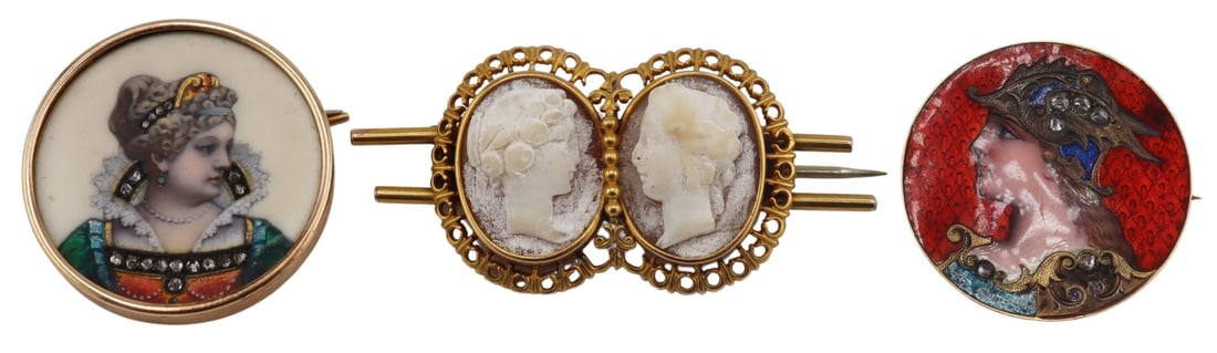 JEWELRY. Grouping of (3) Antique Portrait Brooches (1 of 11)
