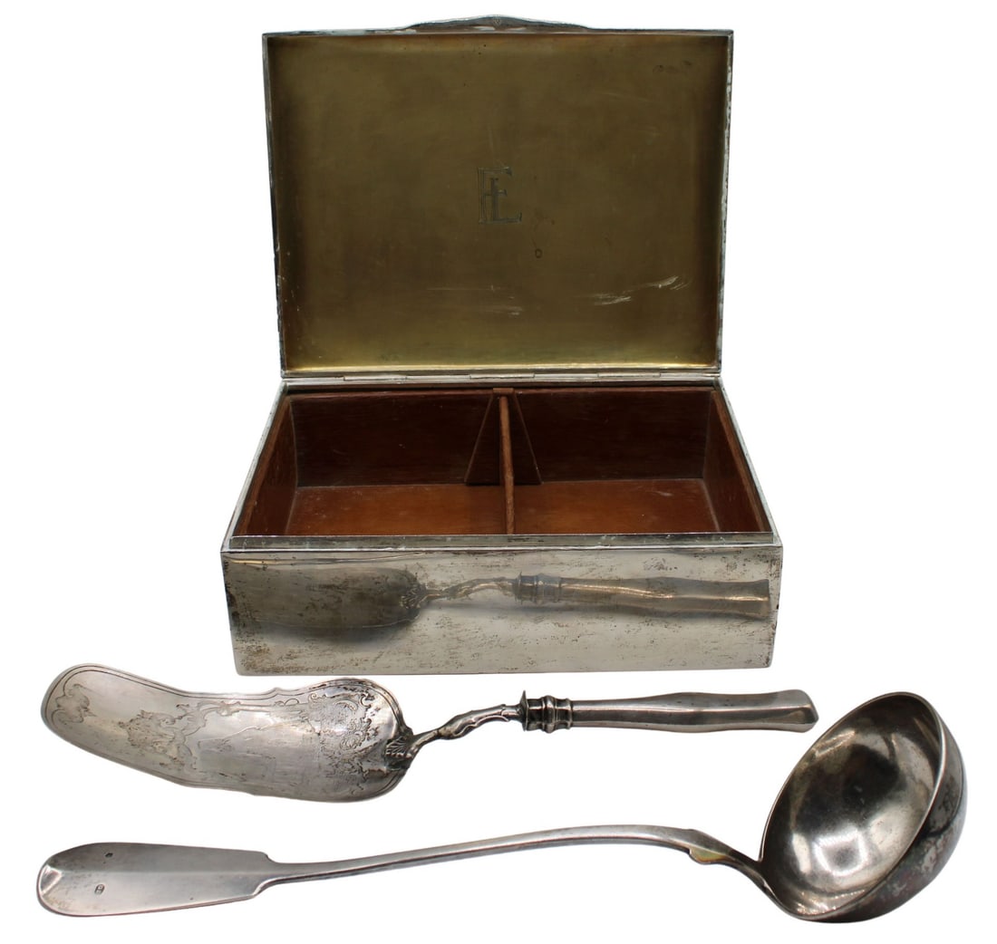 SILVER. Collection of Continental Silver Objects.: Includes an Austro-Hungarian silver ladle; a continental silver serving utensil with weighted handle; and an illegibly stamped, monogrammed "FL" silver hinged box with wooden lining & divider. Total a