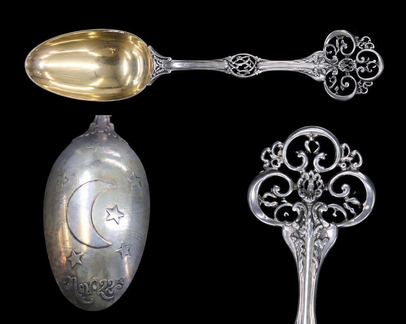 STERLING. Antique Tiffany & Co Sterling Moon Spoon: Tiffany & Co. sterling silver gilt spoon, made under the directorship of Edward C. Moore (1873–1891). The bowl is gilt, with the reverse decorated with a raised crescent moon and scattered stars