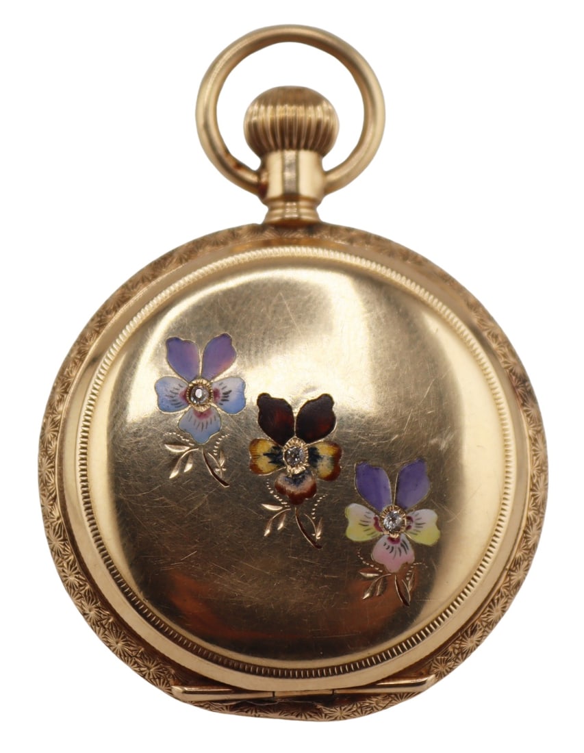 JEWELRY 14kt Gold, Diamond, & Enamel Pocket Watch: An antique Elgin 14kt gold full hunter case pocket watch. This pocket watch manufactured in approx.1894 (based on the movements serial no. 3019863), Features a Courvoisier-Wilcox Manufacturing Co. 14k