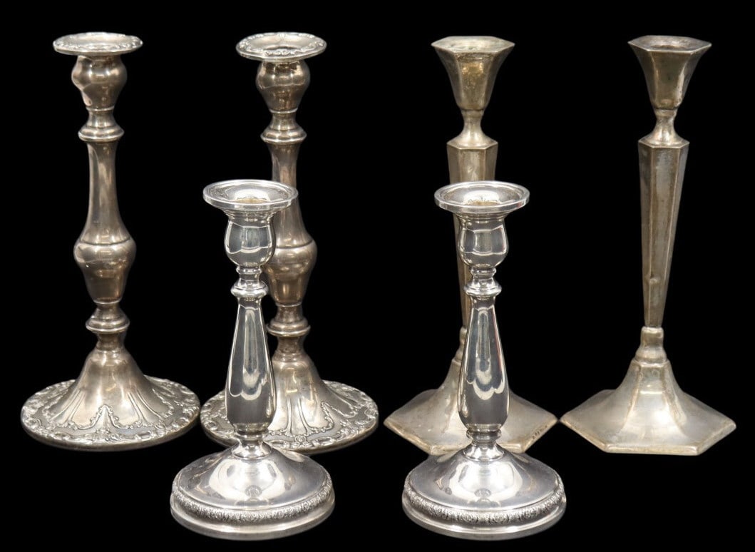 SILVER. (3) Pair Assorted Silver Candlesticks.: Including a pair of International Silver Co. Prelude weighted sterling candlesticks; a pair of Gorham Chantilly weighted sterling candlesticks; and a pair of Hazorfim weighted .800 silver candlesticks