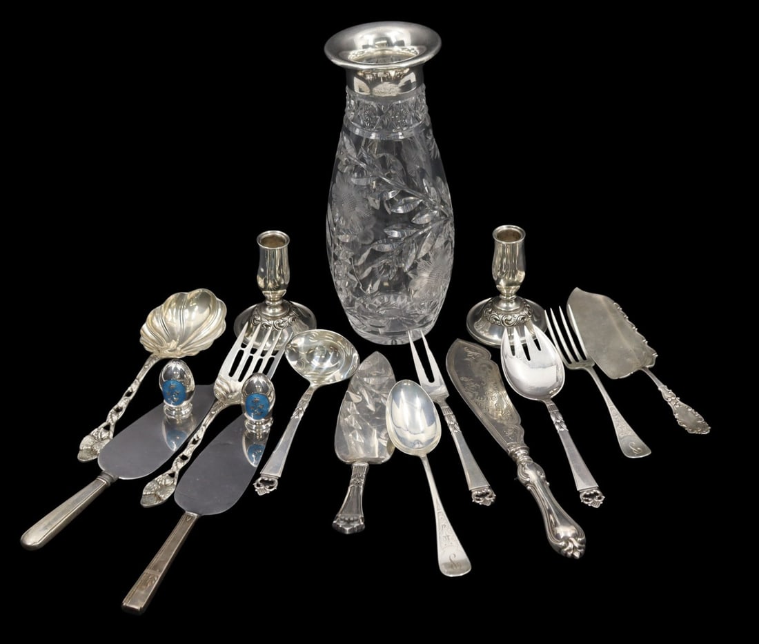 STERLING Assorted Sterling Flatware and Hollowware: Including a pair of Danish Meka sterling and guilloche egg form pepper shakers - stamped, "Sterling"; (3) assorted Danish Frigast Danish Crown solid flat handle sterling serving pieces - stamped, "Ste