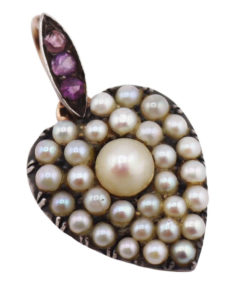 JEWELRY. Antique Gold, Silver, Pearl and Gem Heart: Pendant. Antique silver topped gol heart form locket pendant with a central pearl surround by seed pearls and (3) pink faceted gems to the lozenge form band. Bail is stamped, "A" and "BrG". Total appr