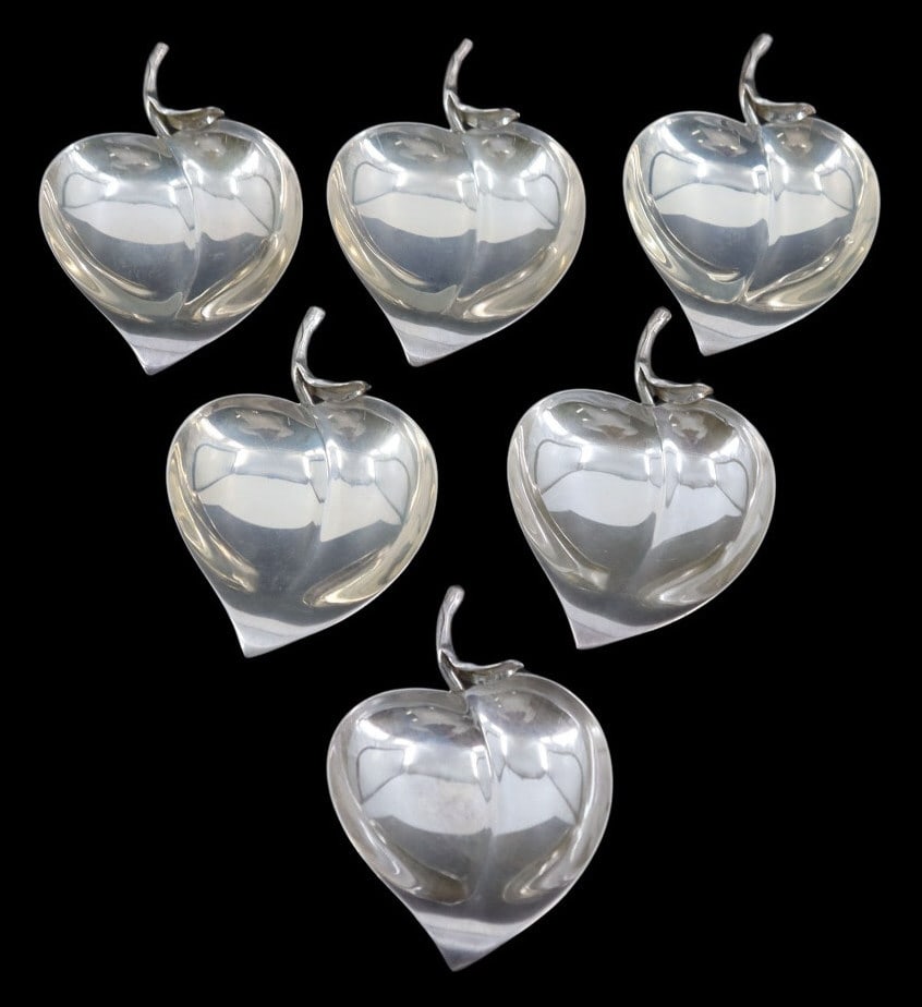STERLING. Tiffany & Co. Sterling Leaf Nut Dishes: (6) Tiffany & Co. sterling leaf form nut dishes. All items stamped verso, "Tiffany & Co. Makers Sterling 25054". Total approx. weight of all items is 7.44 troy oz (gross). From a Montebello, NY