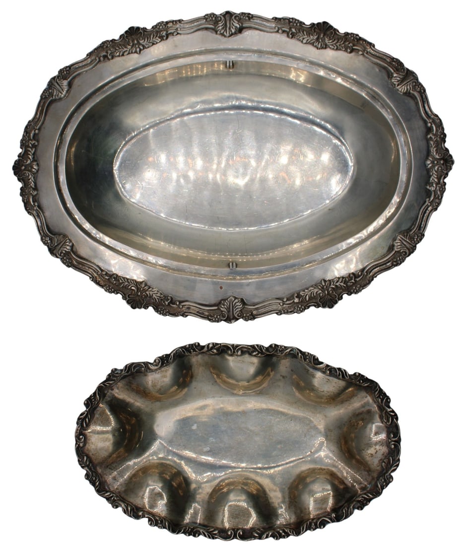 STERLING. (2) Mexican Sterling Bowls.: Includes a Mexican sterling footed oval dish with scroll form border - stamped to the underside, "Sterling 0.925 Mexico"; and a signed Conquistador Mexican sterling oval form serving dish with scroll