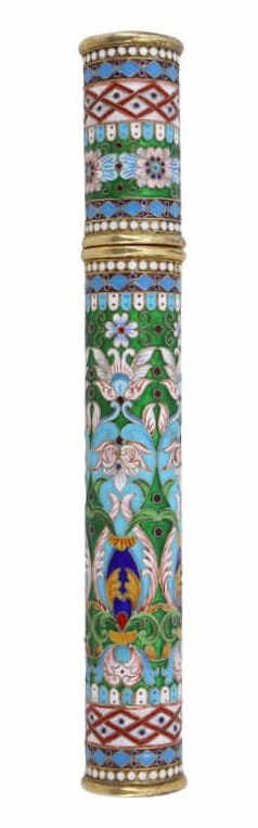 SILVER. Russian Style Silver and Enamel Cigar Tube: A gilt silver cloisonne enamel cigar tube executed in the Imperial Russian style. The cylindrical two-piece body is decorated throughout with finely executed polychrome cloisonne enamel featuring