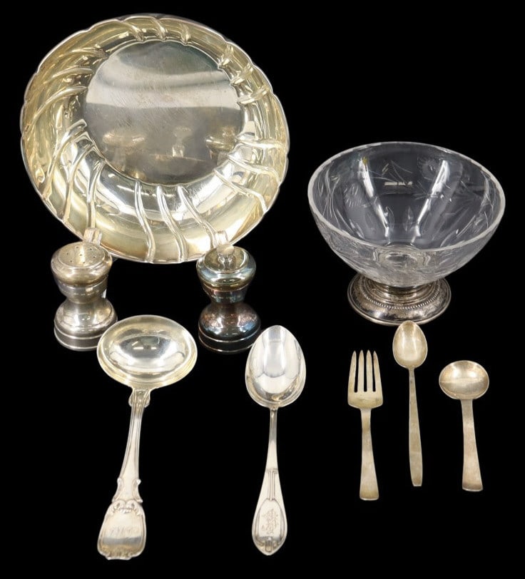 STERLING. Sterling Hollowware Inc. Tiffany & Co.: Including a monogrammed Robert & William Wilson coin silver ladle; an Italian Tiffany & Co. sterling silver salt shaker and pepper mill set - stamped, "925"; (3) assorted sterling flatware pieces - st