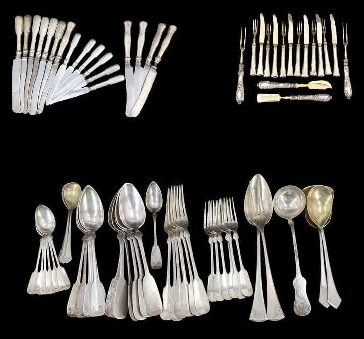 SILVER. Assorted Continental .800 Silver Flatware.: Including (41) assorted pieces of .800 silver forks, spoons, and serving pieces from Austria Hungary and Czechoslovakia by varies makers; and (34) assorted hollow handle .800 silver knives forks, and 
