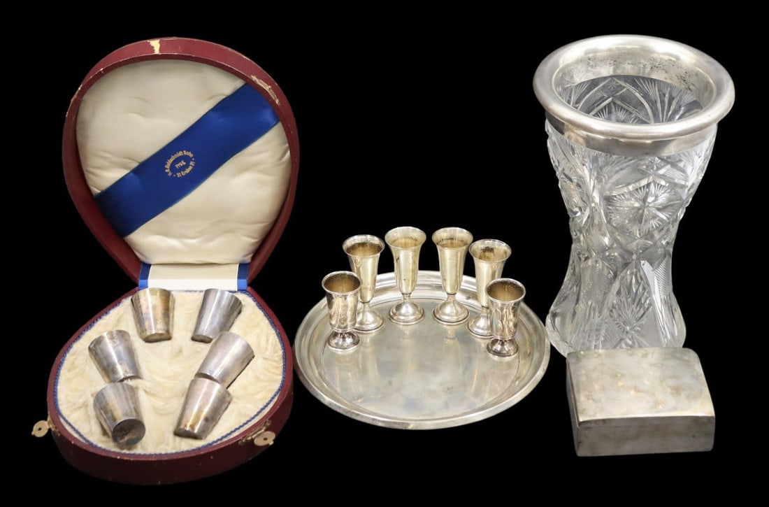 SILVER. Assorted Sterling and Silver Hollowware: Including (4) sterling aperitif cups - stamped, "Sterling"; a Towle sterling round tray - stamped, "Sterling"; a Smith & Smith sterling cigarette box with wood liner - stamped, "Sterling"; pair of