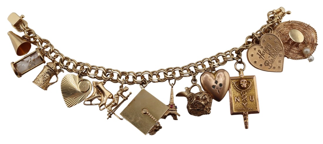JEWELRY. Vintage 14kt Charm Bracelet with (13) (1 of 9)