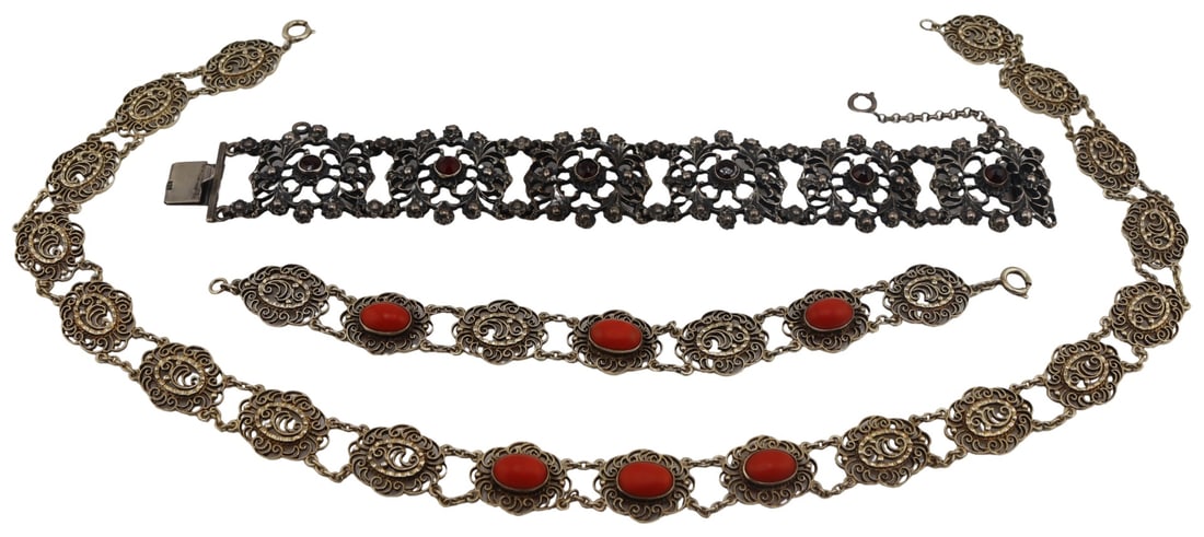 JEWELRY. Collection of Silver Statement Jewelry.: Includes a 2 piece silver gilt filigree necklace and bracelet accented by oval red coral cabochons - clasps are stamped, "Sterling"; and a Continental .835 silver statement bracelet accented by (6) be