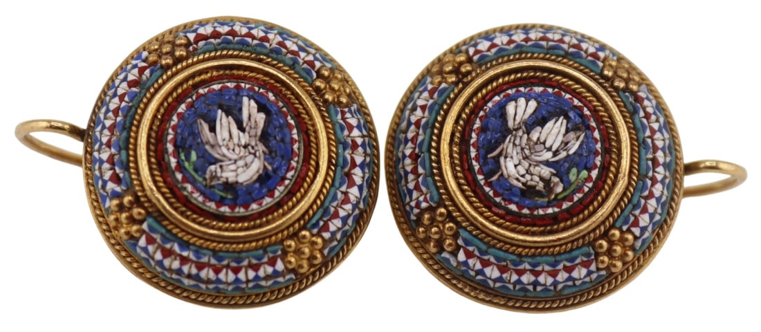 JEWELRY. Italian Gold Micromosaic Dove Earrings.: Pair of Italian 16.5kt yellow gold circular micromosaic earrings displaying a central depiction of a dove surrounded by bands of multi-color tesserae. With later added 18kt yellow gold earring
