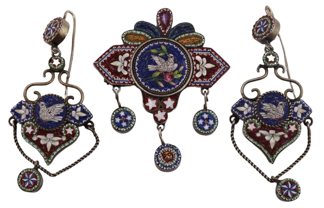 JEWELRY. 3 Pc. Italian Micromosaic Jewelry Suite.: 3 piece Italian micromosaic and silver jewelry suite including a pair of earrings and a brooch/pendant. All items are decorated with depictions of doves, fleur de lis, and stars; further accented by