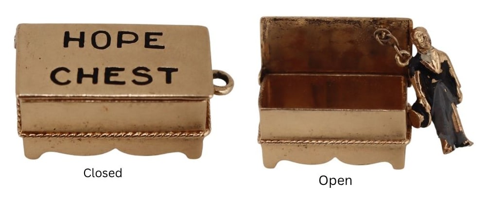 JEWELRY. 14kt Gold "Hope Chest" Charm with Hubby.: 14kt yellow gold "Hope Chest" hinged charm opening to reveal an enamel decorated "Husband" on chain. Total approx. weight of the charm is 2.6 dwt (gross). From a Scarsdale, NY estate. Dimensions:
