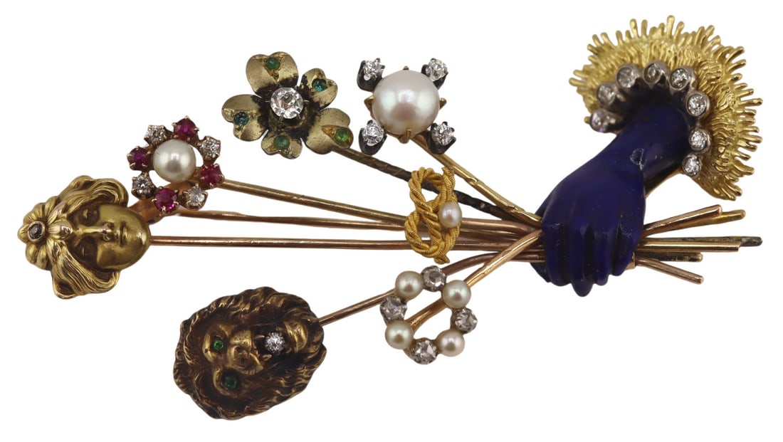JEWELRY. Gold Diamond Gem and Pearl Stickpin: A vintage stickpin bouquet brooch of later assembled creation composed of seven individual stickpins mounted together to form a single bouquet-style brooch. The central mounting consists of an