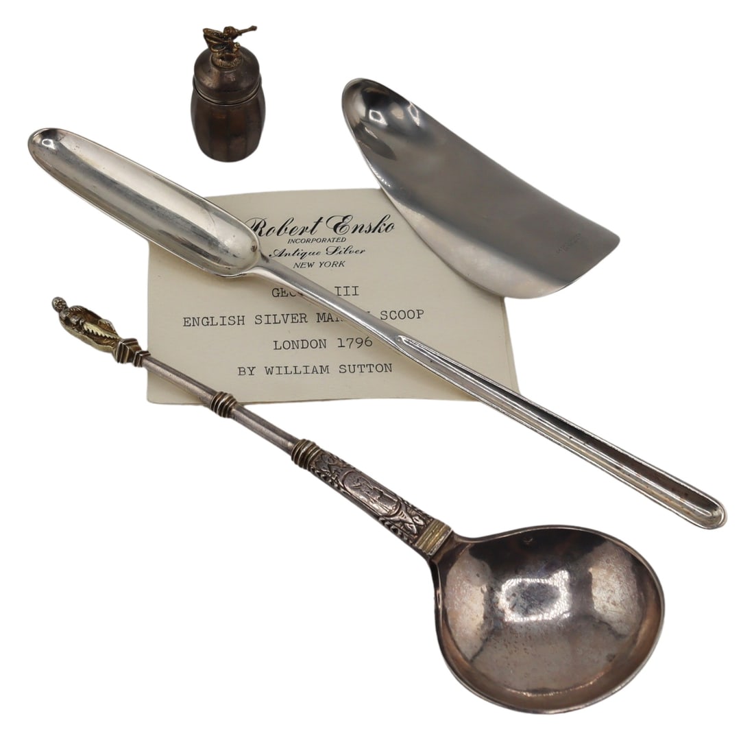 SILVER. Silver Objects Inc. 18th C and Jensen.: Includes a Georg Jensen Danish stainless steel shoehorn - stamped, "Georg Jensen Denmark"; a sterling lidded vessel with gilt silver "Tooth Fairy" finial - stamped, "Sterling" to the underside; an ex-