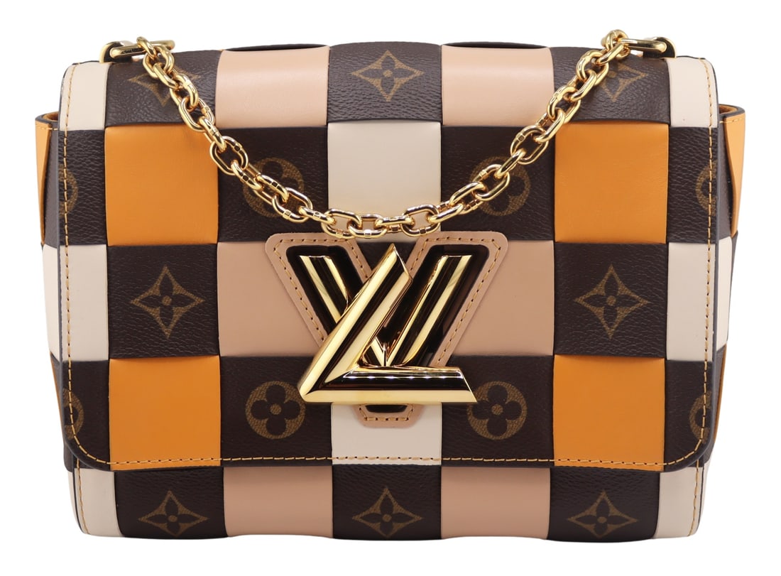 COUTURE. Louis Vuitton Monogram Check Twist MM: Shoulder Bag. Louis Vuitton monogrammed checkered design woven leather purse with gold-tone LV twist closure and gold-tone chain handle. One larger, and one smaller interior slip pocket. From a