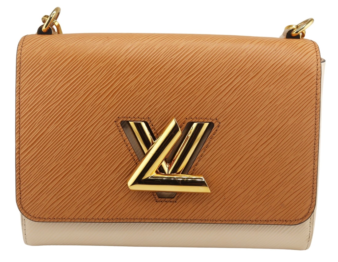 COUTURE. Louis Vuitton Epi Leather Two-Tone Twist: Shoulder Bag. Louis Vuitton Epi leather two-tone purse with gold-tone LV twist closure, and gold-tone hardware. With one smaller and one larger interior pocket. From a Scarsdale, NY estate.